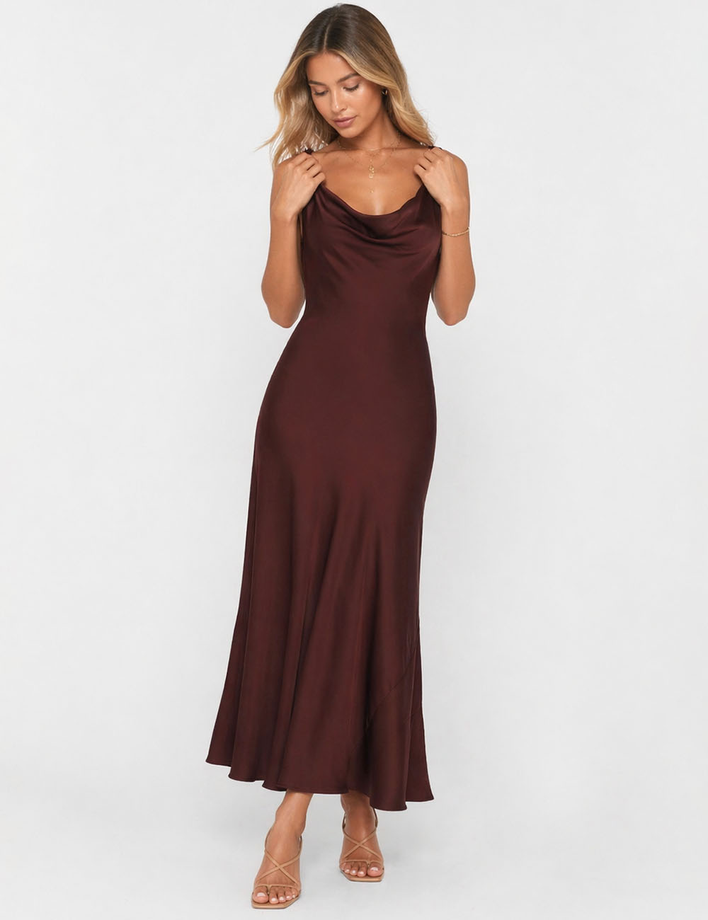 Ladies Chic Satin Cowl Neck Sleeveless Back Tie Midi Dress