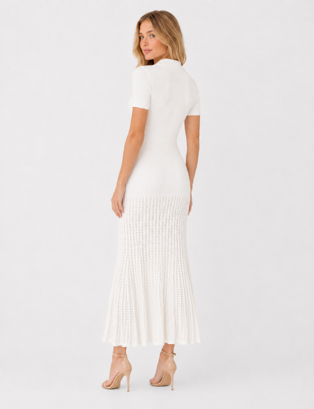 Ladies Chic Ribbed Polo Collar Short Sleeves Maxi Dress