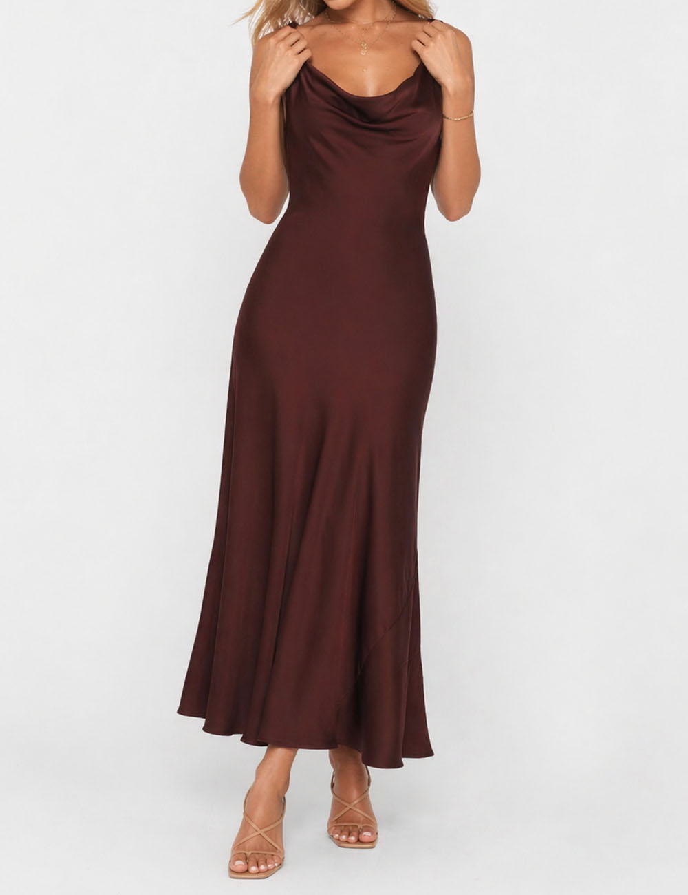 Ladies Chic Satin Cowl Neck Sleeveless Back Tie Midi Dress