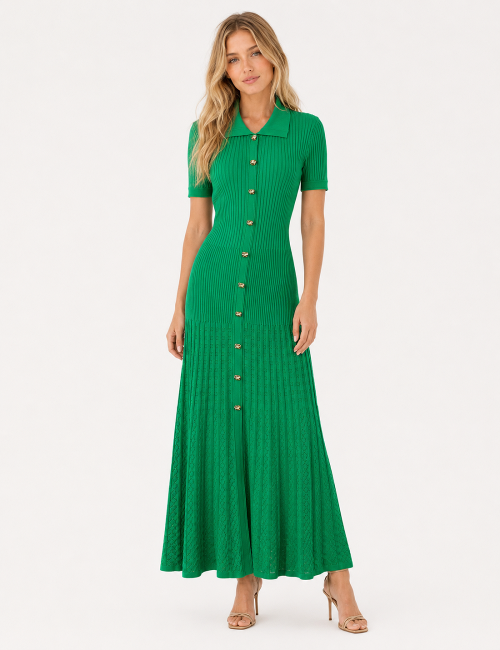Ladies Chic Ribbed Polo Collar Short Sleeves Maxi Dress
