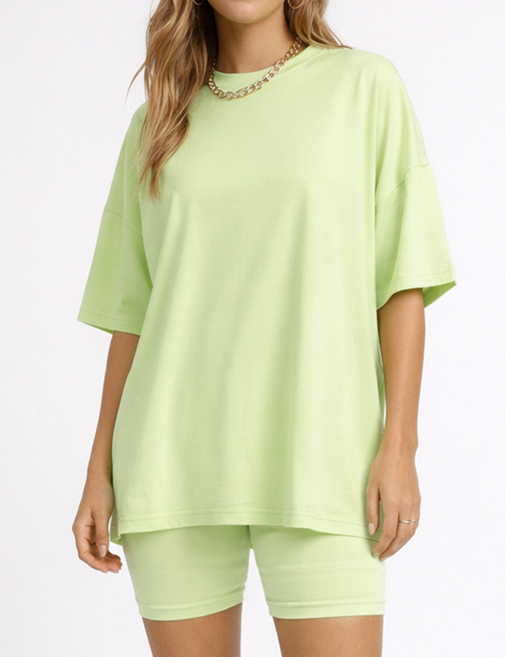 Ladies Solid Loungewear Outfits Loose Top & Slim Shorts Set