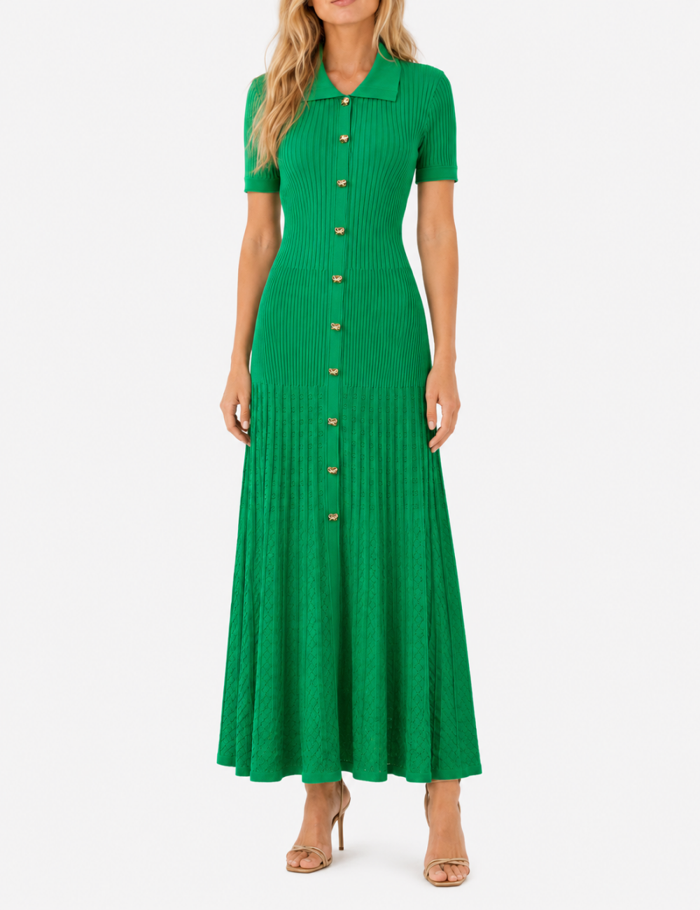 Ladies Chic Ribbed Polo Collar Short Sleeves Maxi Dress