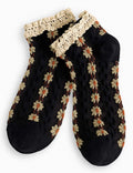 Ladies Floral Embroidery Ruffled Trim Knit Ankle Socks