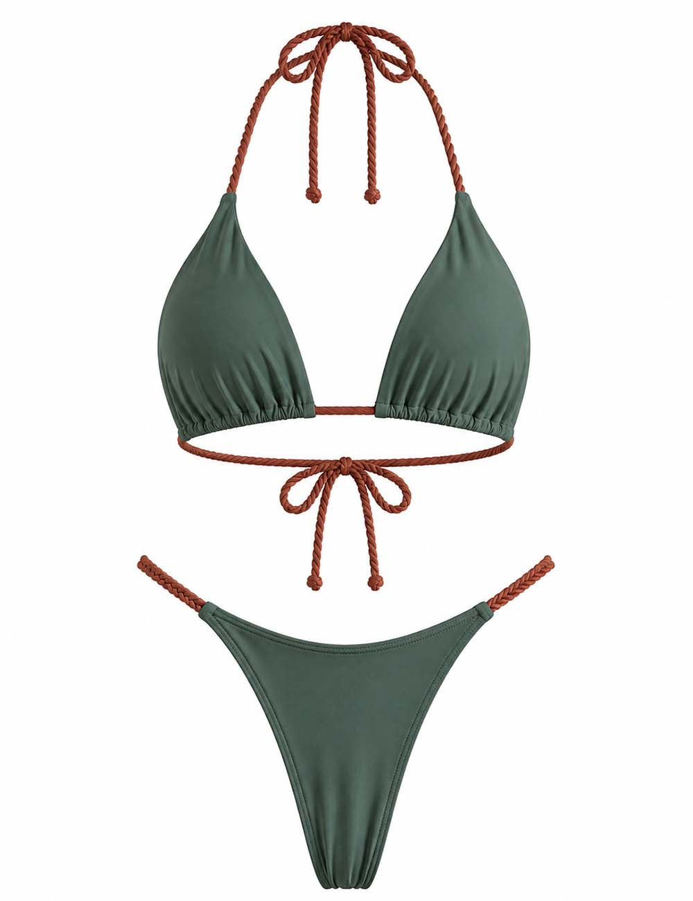 Ladies Color Block Braided Strap Triangle Bikini Set
