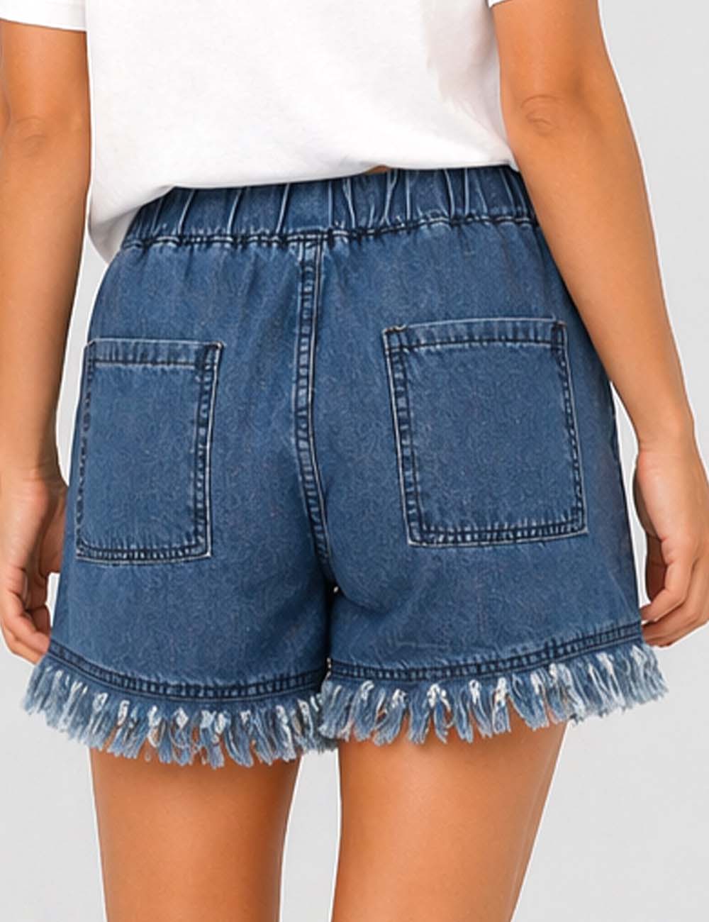 Ladies Solid Color Drawstring Waist Frayed Hem Denim Shorts