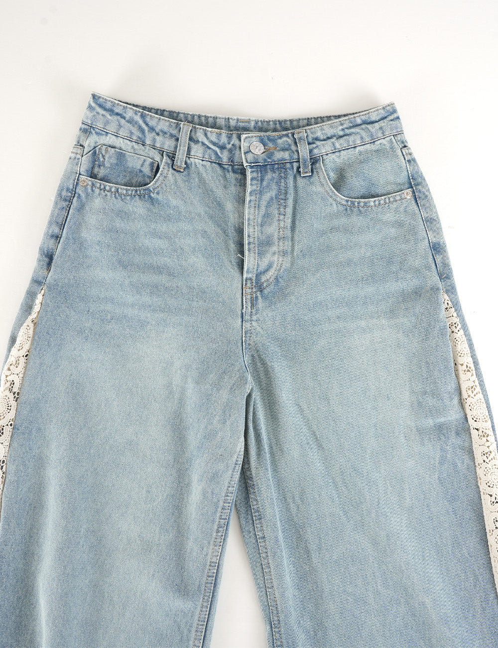 Ladies Lace Panel Washed Jeans Wide Leg Denim Pants