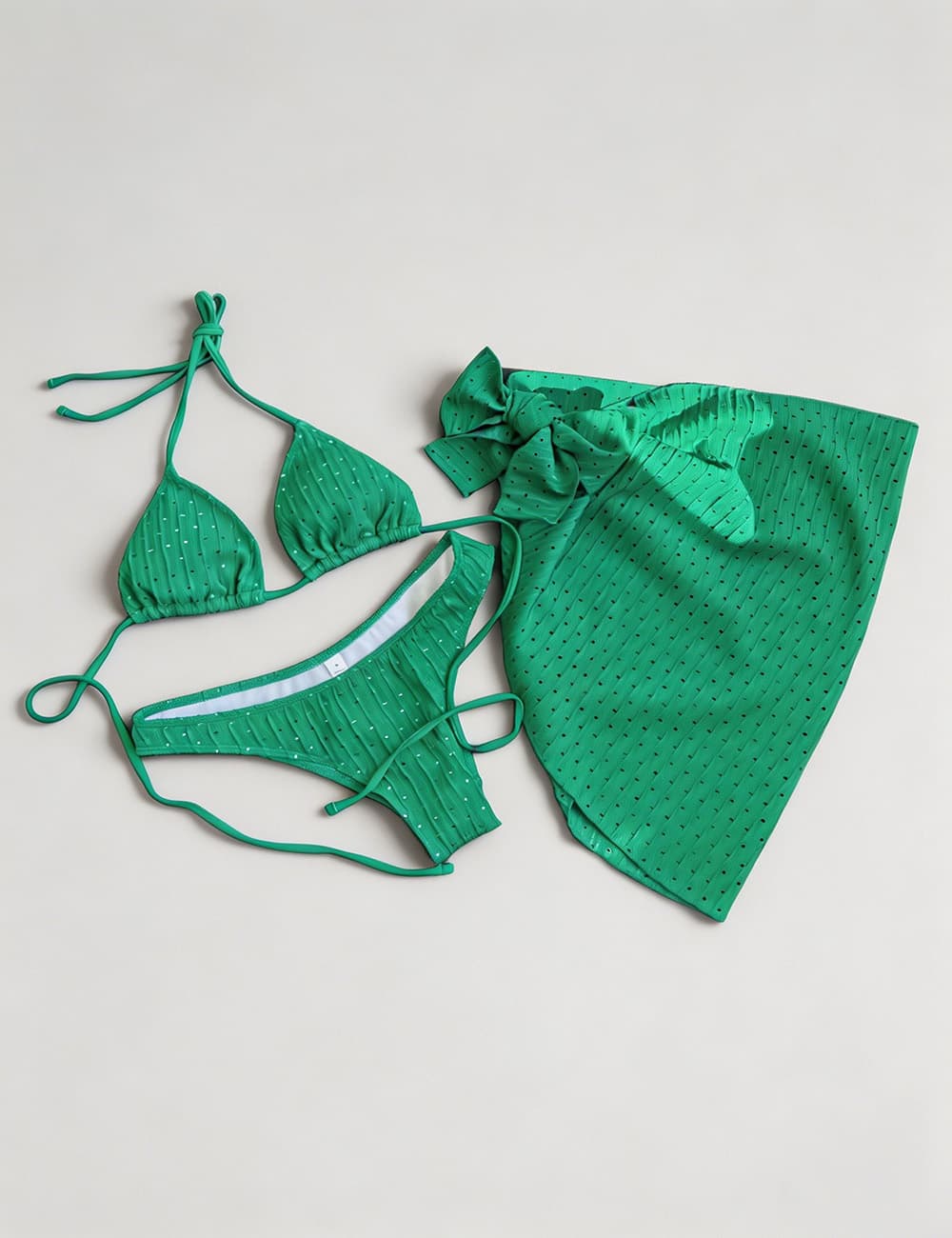 Ladies Solid Color Halter Triangle Bikini Set with Cover Up