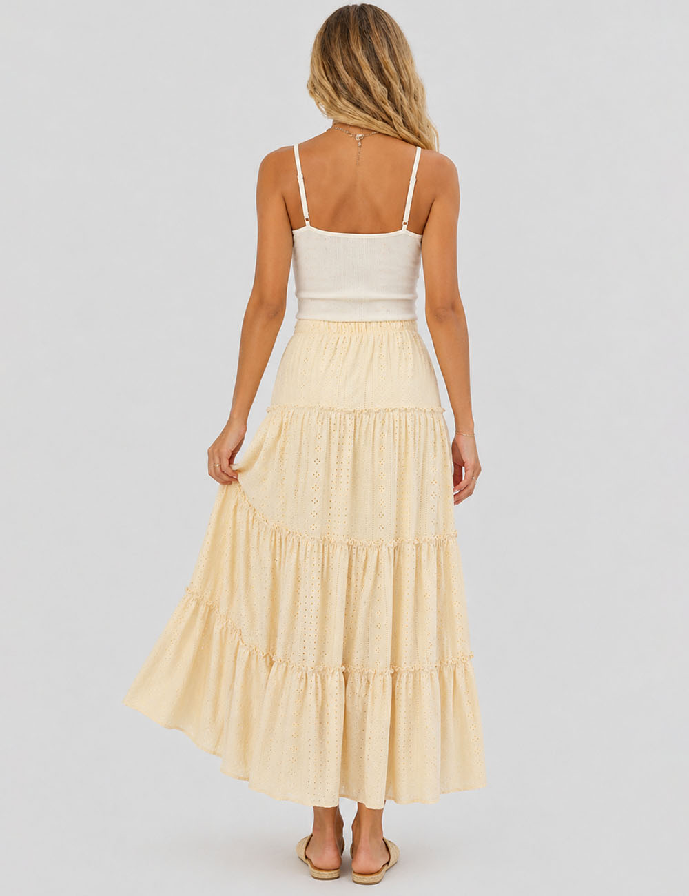 Ladies Solid Color Eyelet Tiered Ruffle  Maxi Skirt