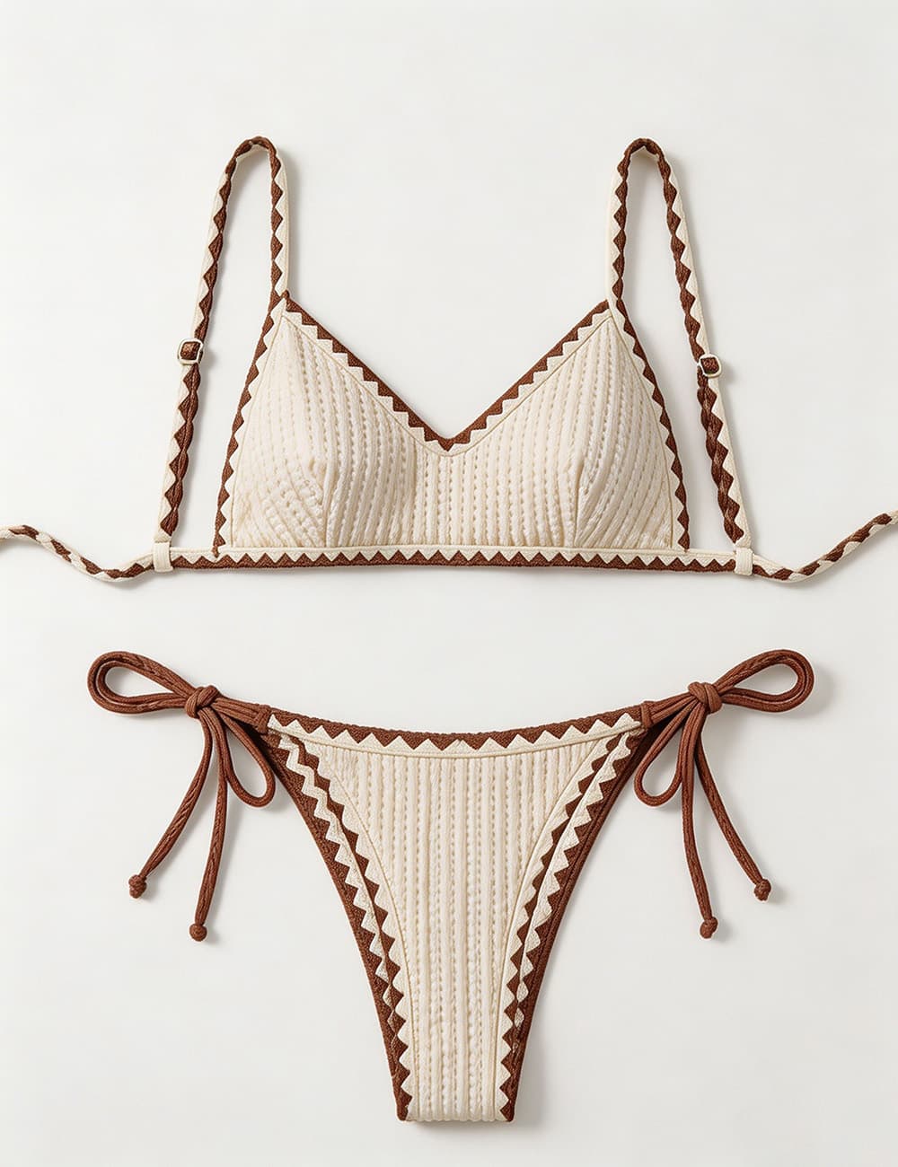 Ladies Contrast Trim V-Neck Textured Triangle Bikini Set