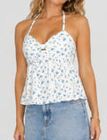 Ladies Floral Print Eyelet Halter Sleeveless Top