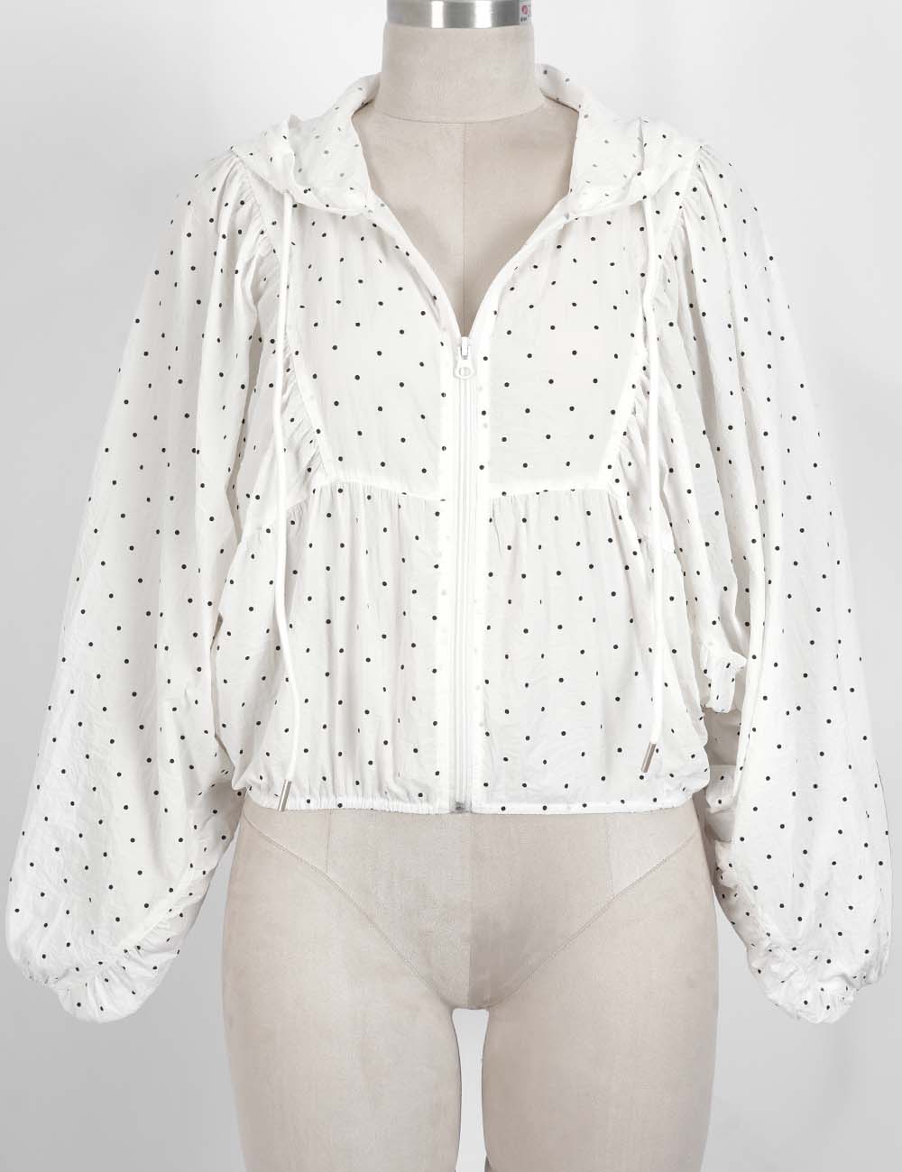 Ladies Polka Dot Hooded Zip-Up Cropped Lightweight Jacket