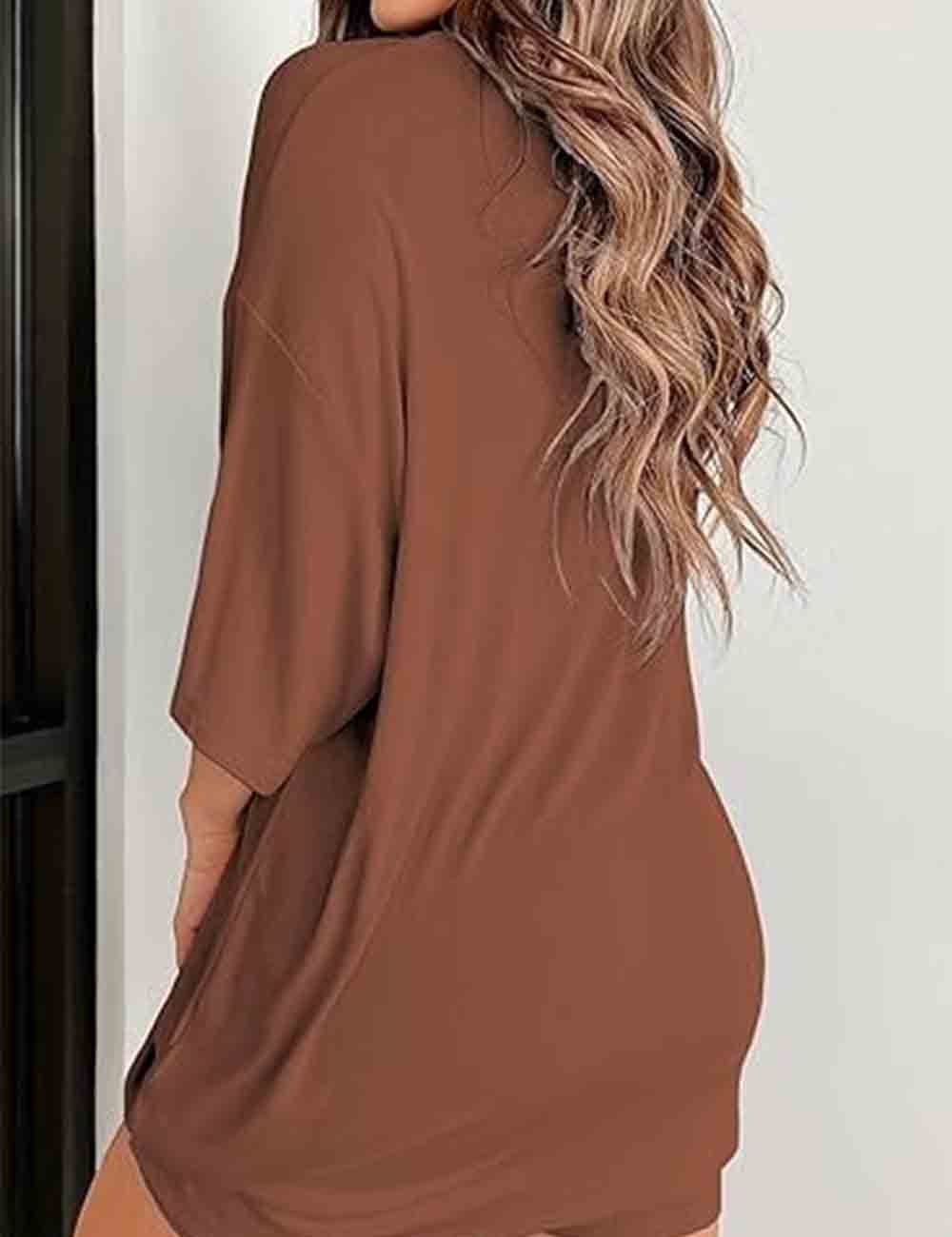 Ladies Solid Loungewear Outfits Loose Top & Slim Shorts Set
