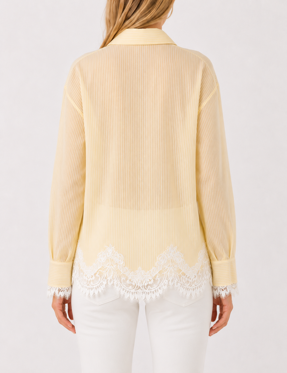Ladies Striped Lace Hem Long Sleeves Button-Down Shirt