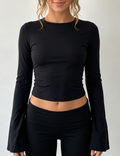 Ladies Casual Solid Round Neck Flare Sleeves Top