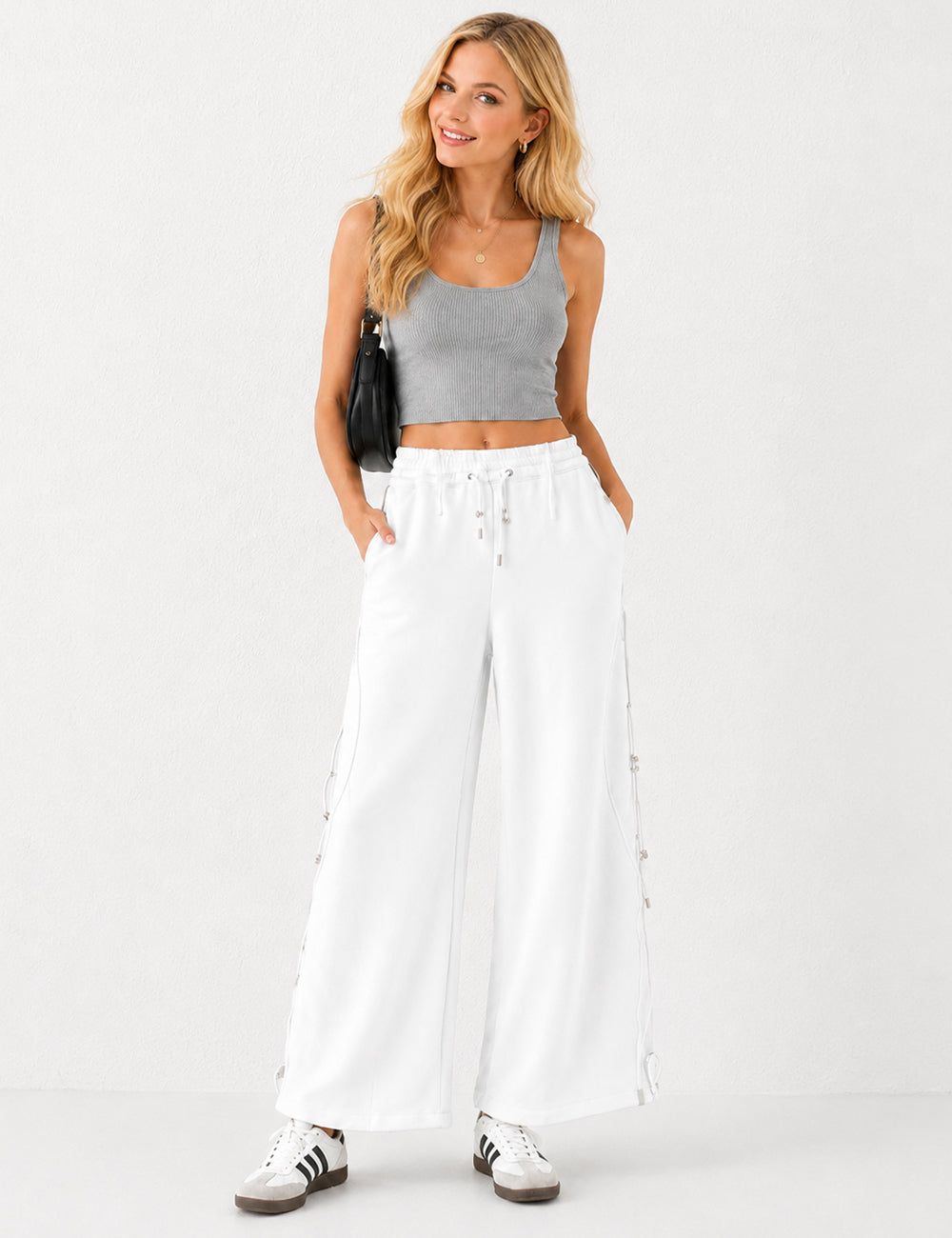 Ladies Drawstring Metal Toggle Elastic Waist Wide Leg Pants