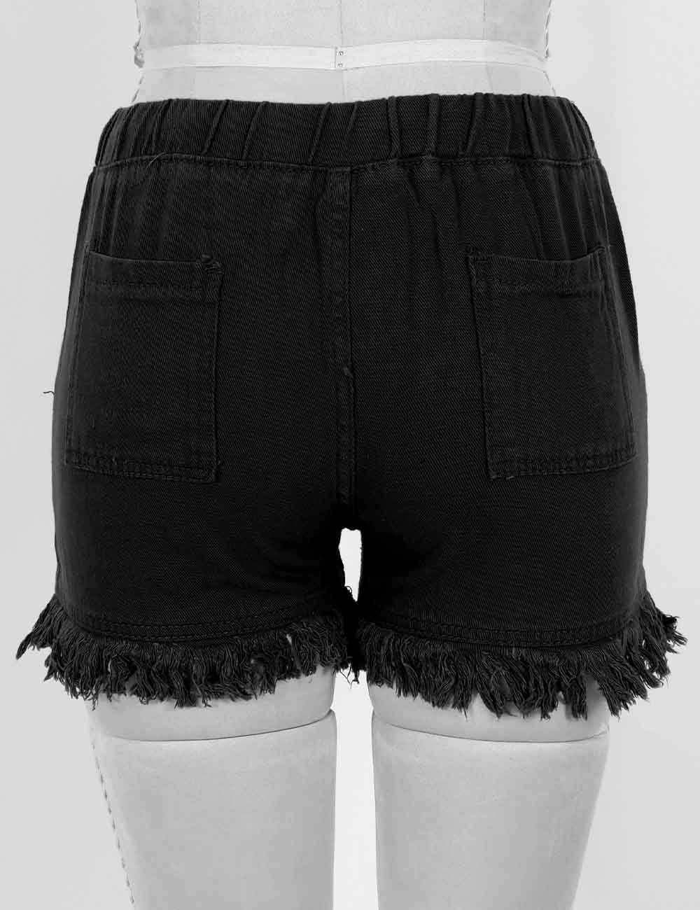 Ladies Solid Color Drawstring Waist Frayed Hem Denim Shorts