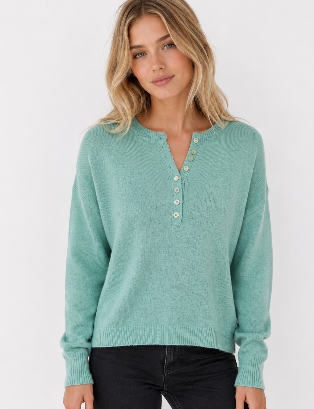 Ladies Button Round Neck Long Sleeve Sweater