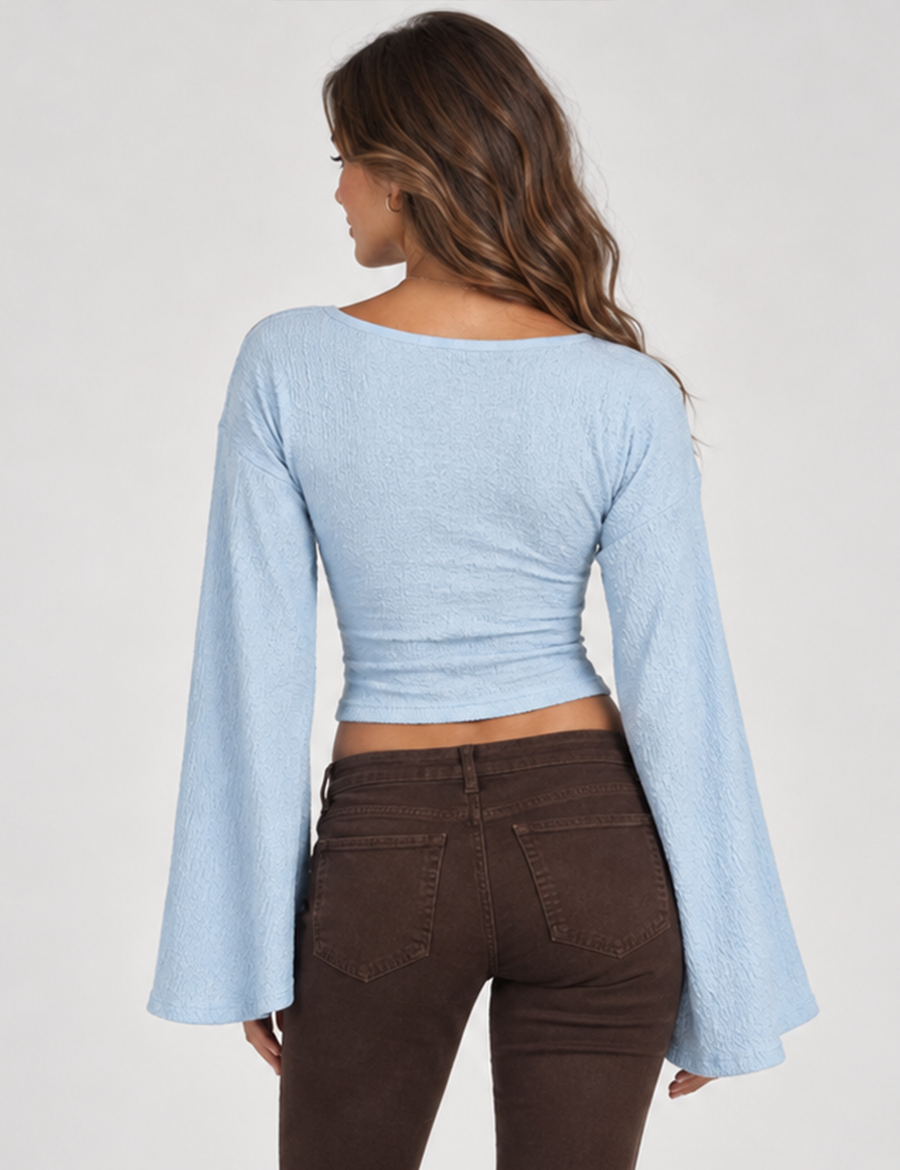 Ladies Casual Solid V-Neck Flare Sleeve Crop Top