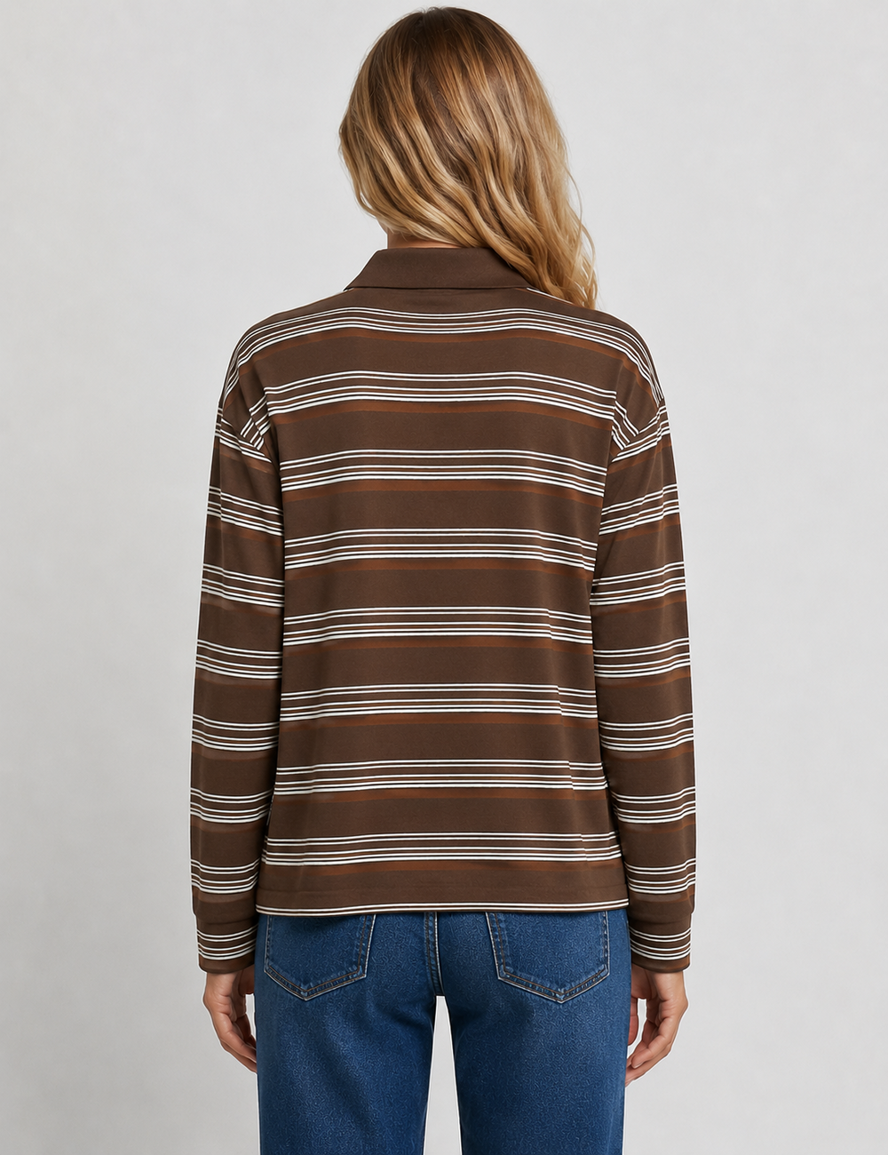 Ladies Casual Striped Polo Collar Long Sleeves Top