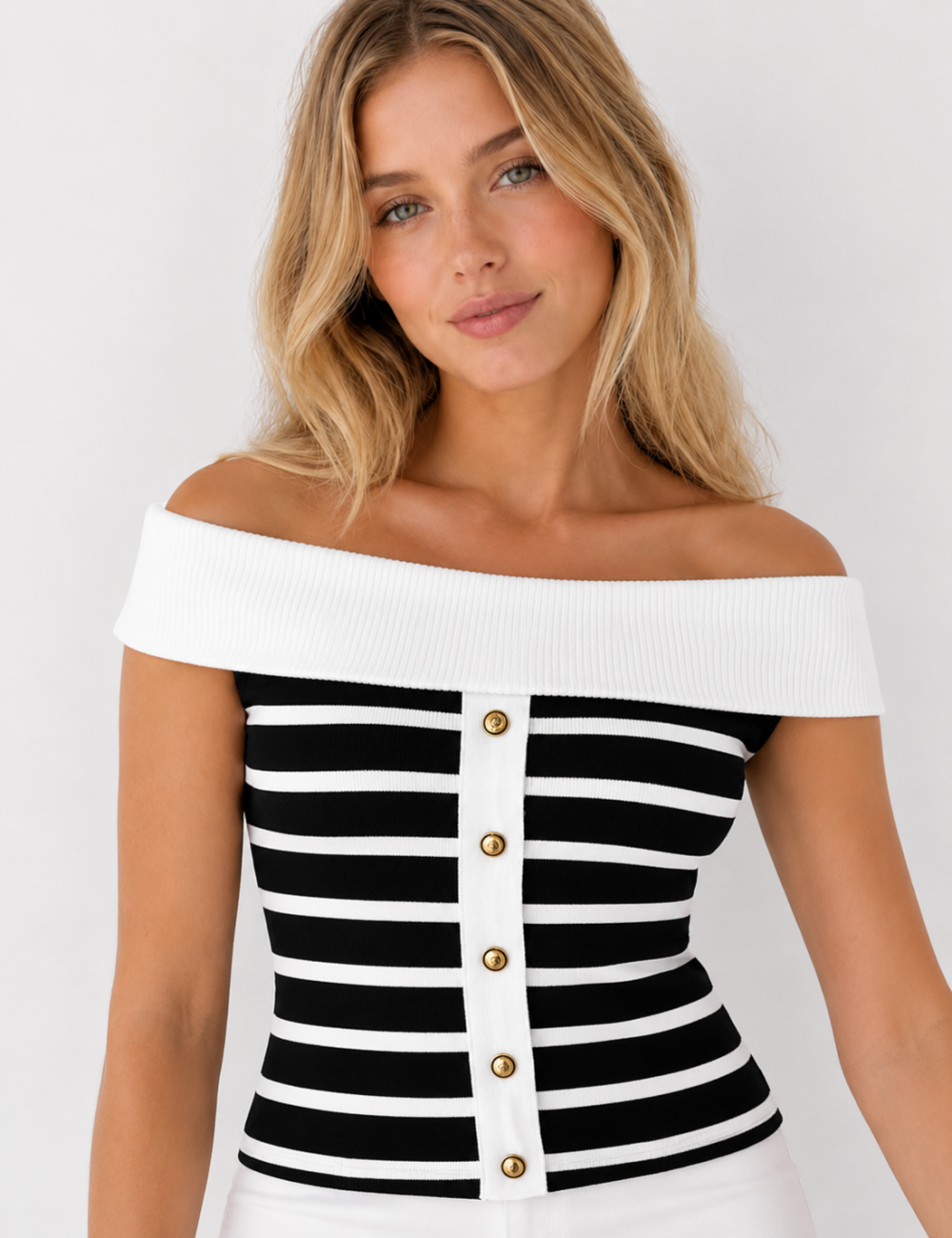 Ladies Off Shoulder Striped Button Detail Knit Top