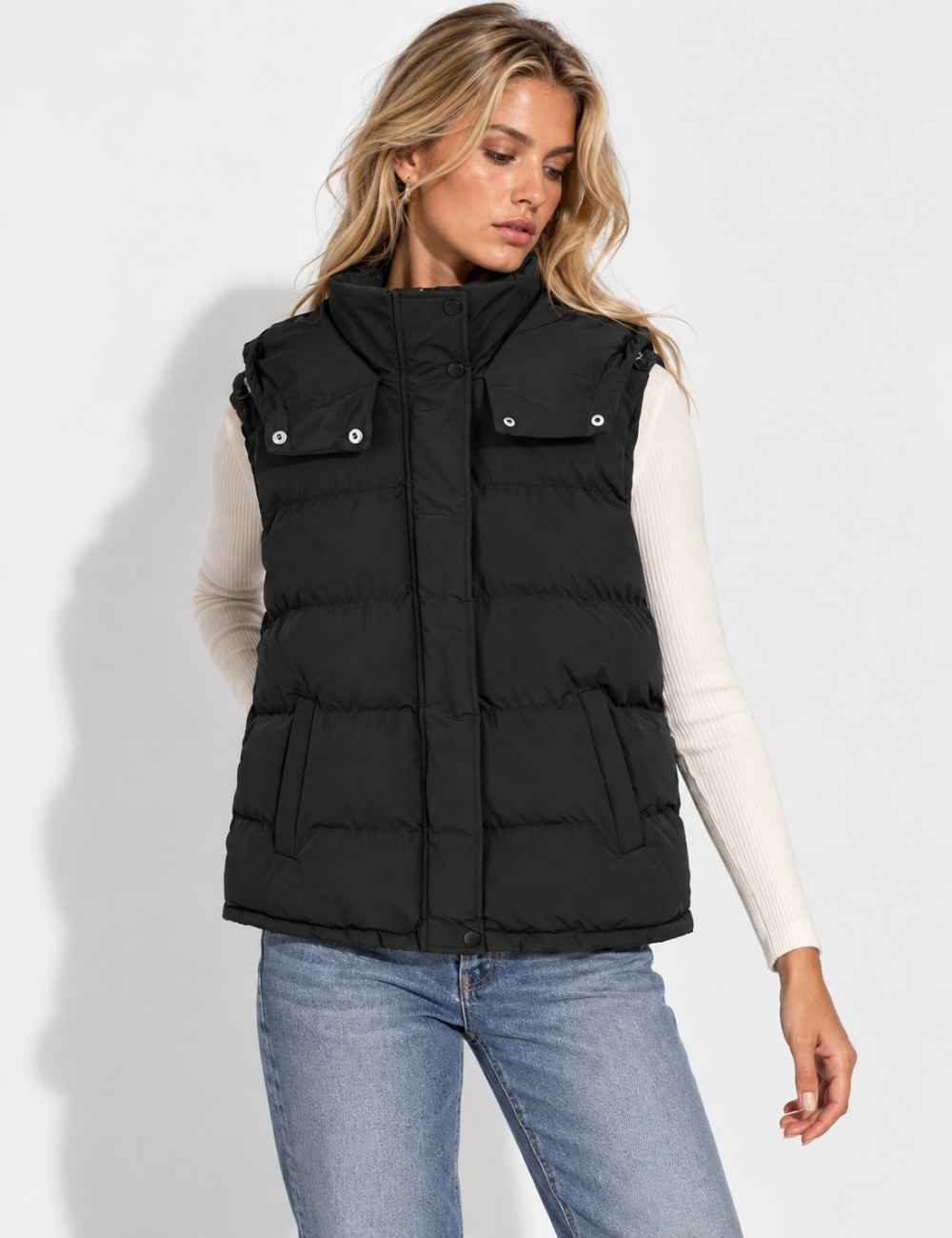 Ladies Stand Collar Hooded Quilted Puffer Vest