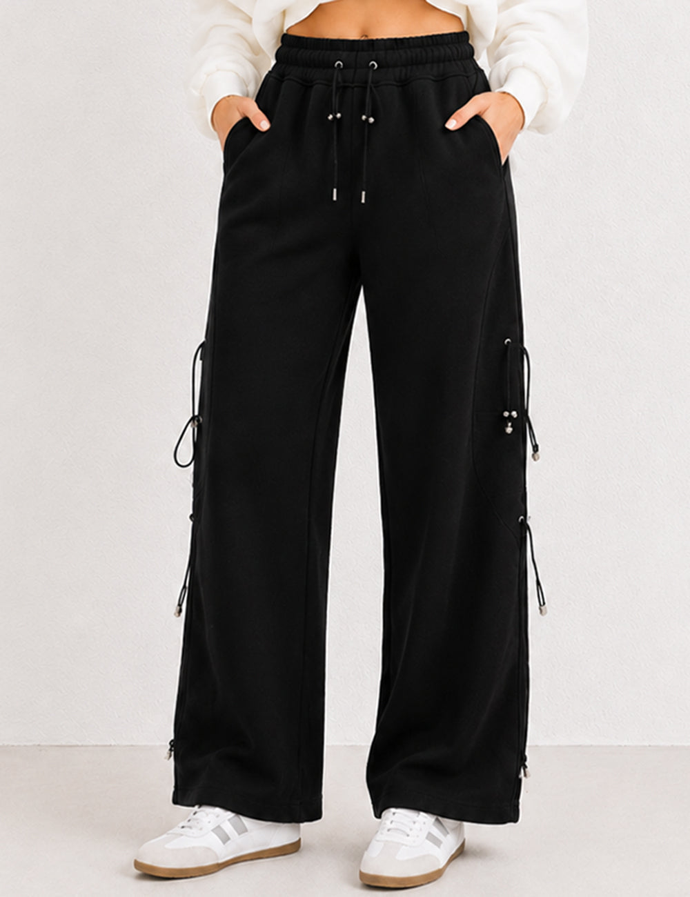 Ladies Drawstring Metal Toggle Elastic Waist Wide Leg Pants
