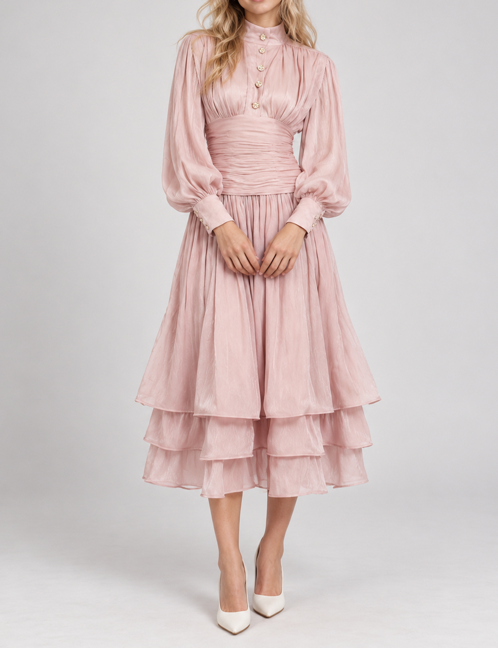 Ladies Puff Sleeves Ruched Button Tiered Midi Dress