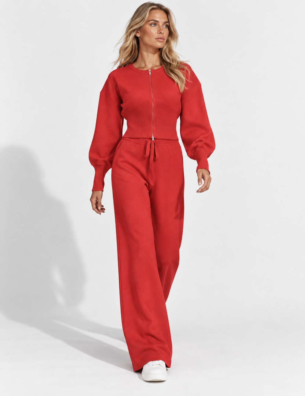 Ladies Zip-Up Solid Color Knit Top & Pants 2PCS Set