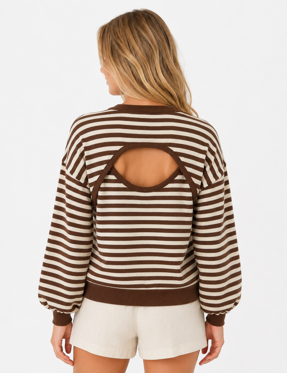 Ladies Stripe Back Cutout Long Sleeve Knit Sweater