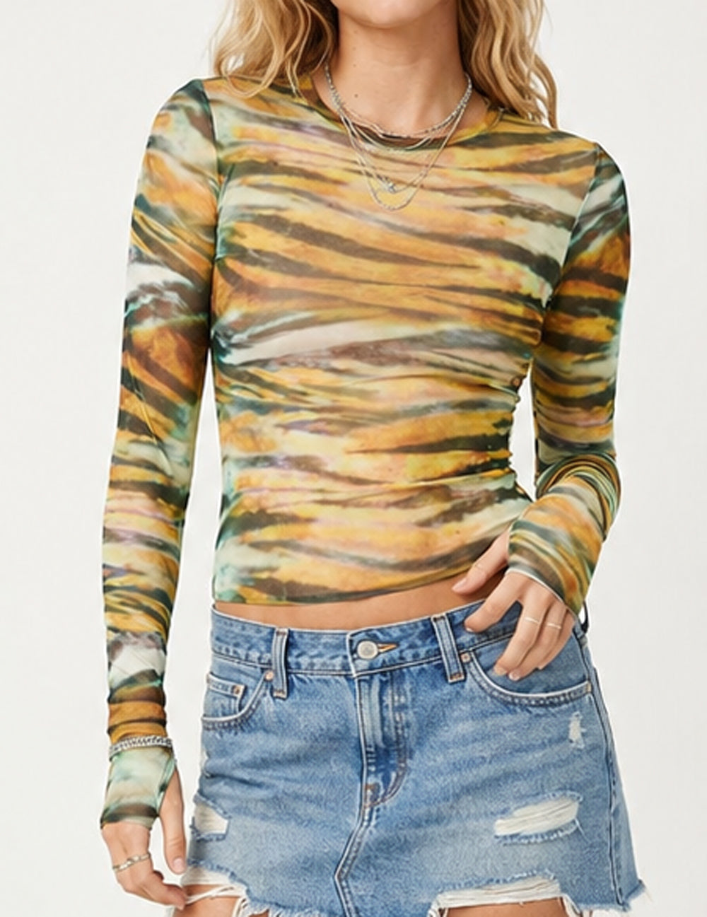 Ladies Casual Tie-Dye Print Sheer Mesh Long Sleeves Top