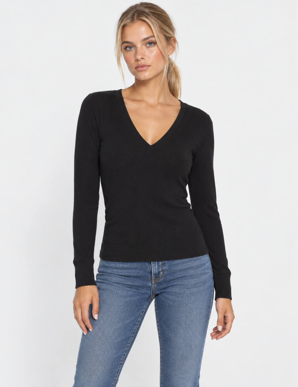 Ladies V-Neck Ribbed Knit Long Sleeves Top