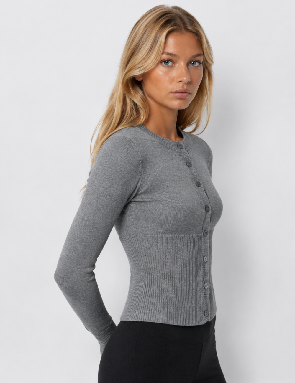 Ladies Button Front Ribbed Knit Cardigan