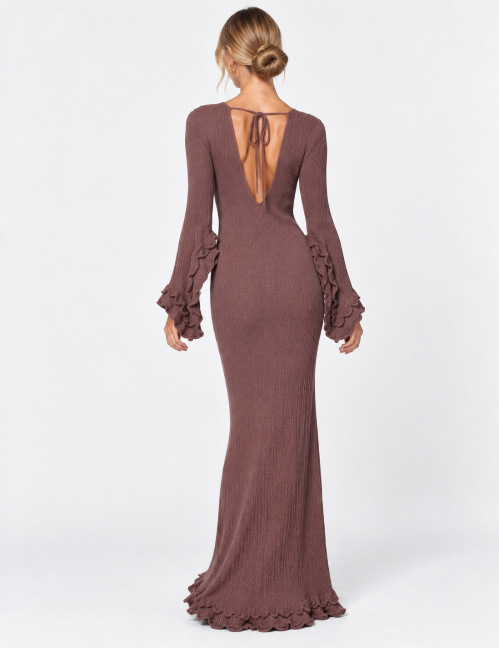 Ladies Round Neck Ruffle Flare Sleeves Ribbed Knit Maxi Dress