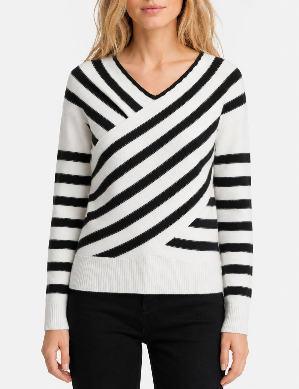 Ladies V Neck Striped Off Shoulder Long Sleeve Sweater