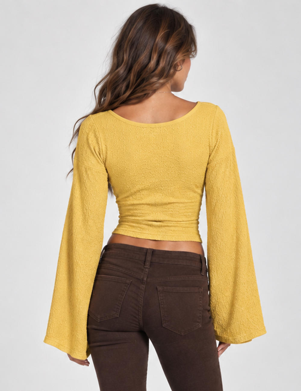 Ladies Casual Solid V-Neck Flare Sleeve Crop Top