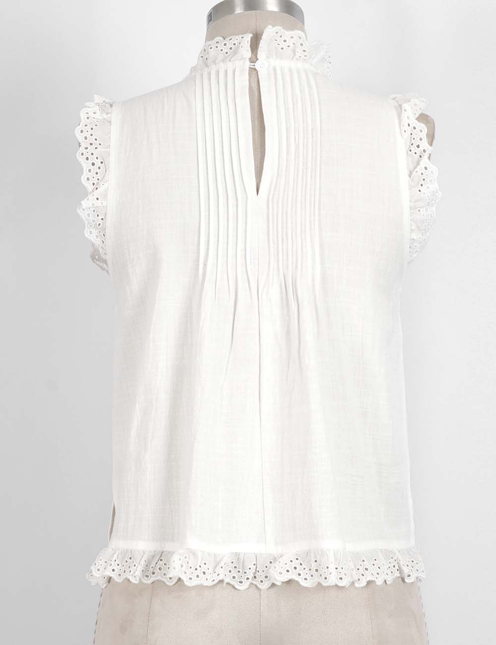Ladies Boho Eyelet Lace Pleated Round Neck Sleeveless Babydoll Top