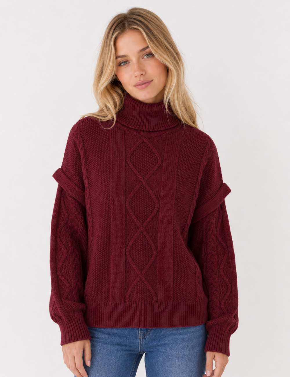 Ladies Turtleneck Cable Knit Drop Shoulder Sweater