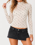 Ladies Heart Print Sheer Mesh Mock Neck Long Sleeves Top
