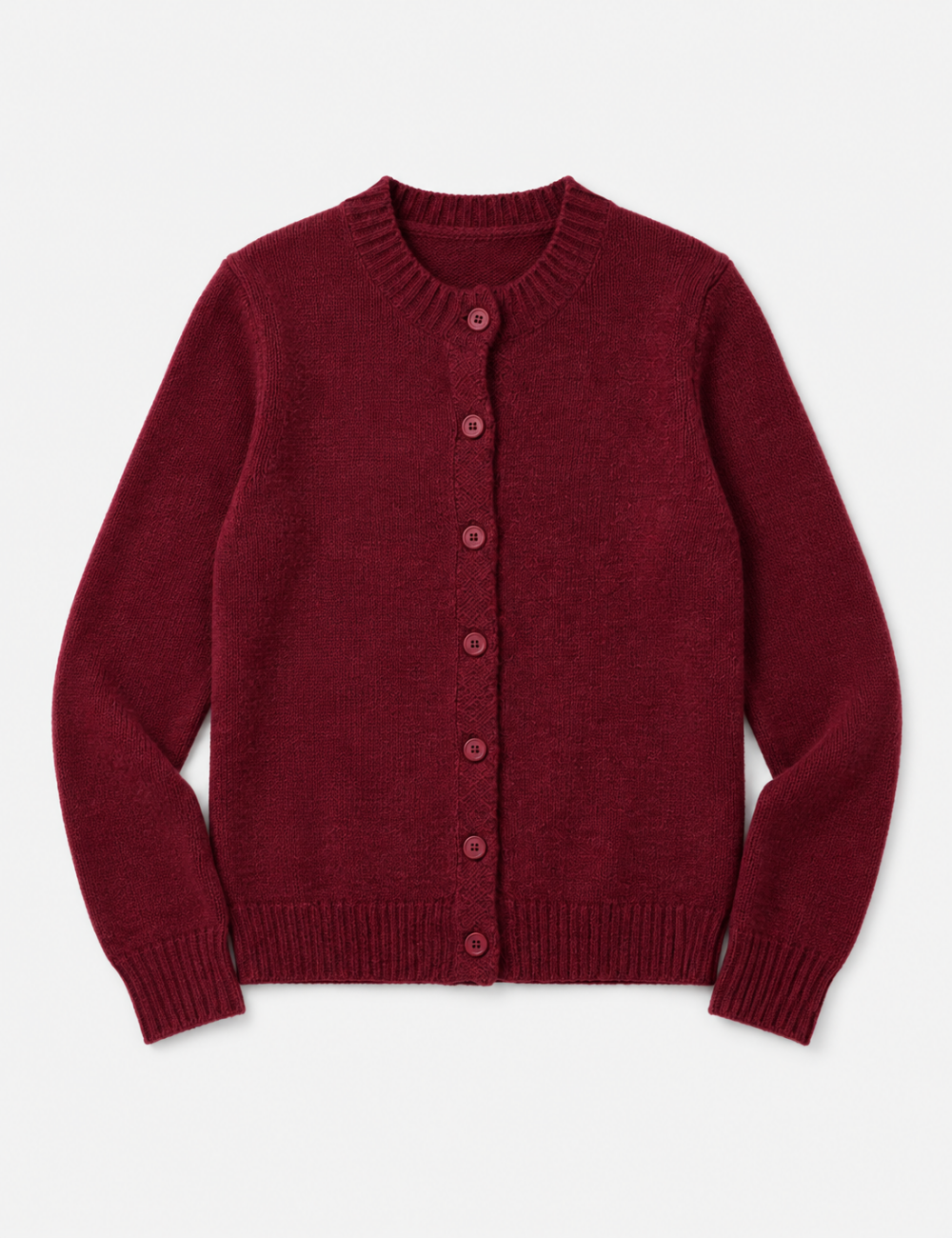 Ladies Solid Color Button Front Crew Neck Knit Cardigan