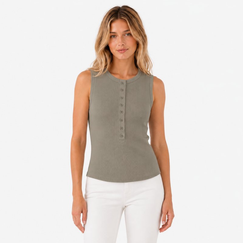 Ladies Crew Neck Button Sleeveless Top
