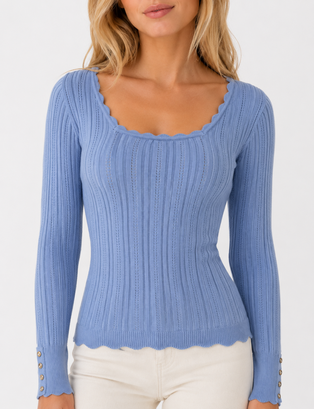 Ladies Ribbed Scoop Neck Long Sleeve Top