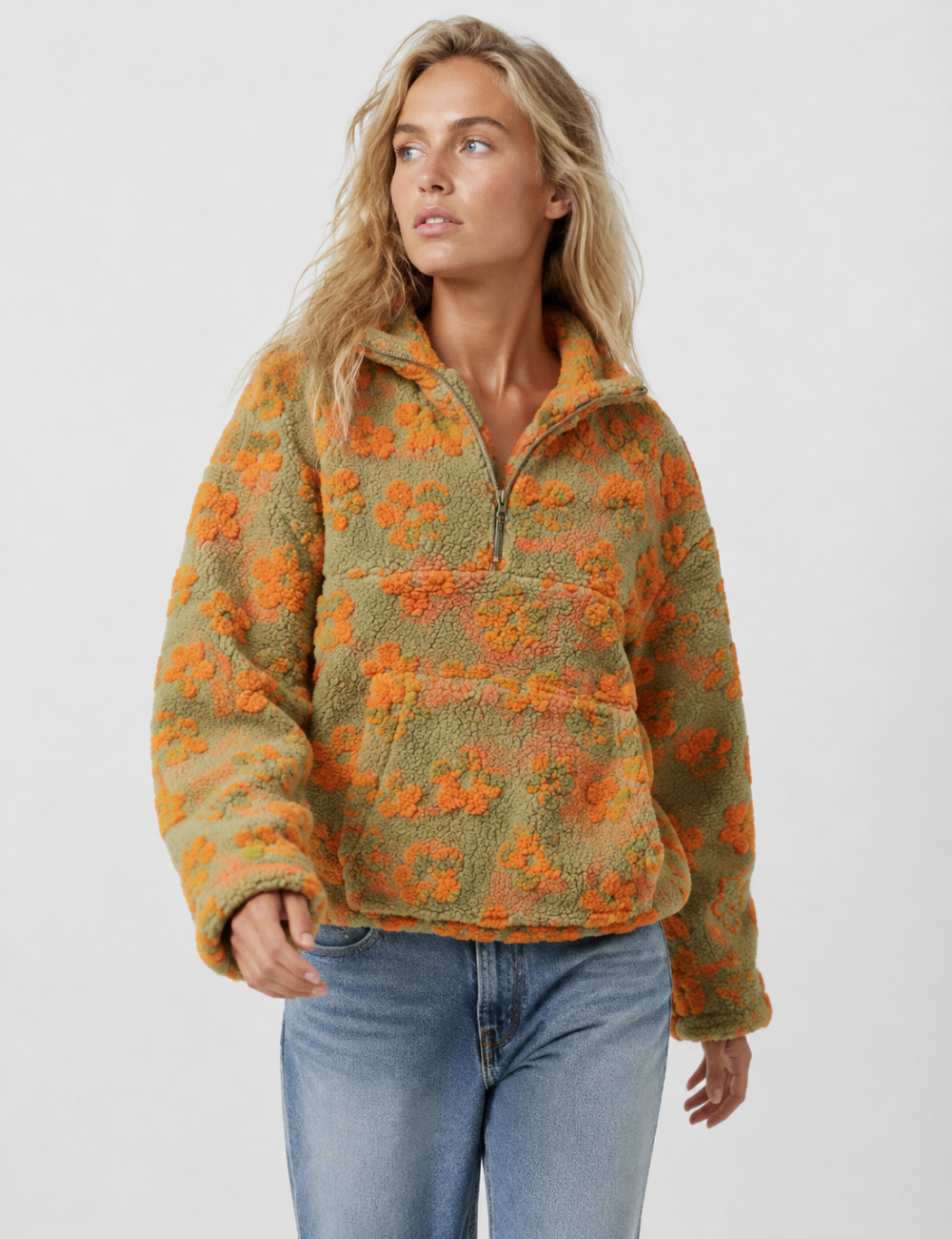 Ladies Casual Floral Pattern Zipper Front Fleece Pullover Sweatshirt