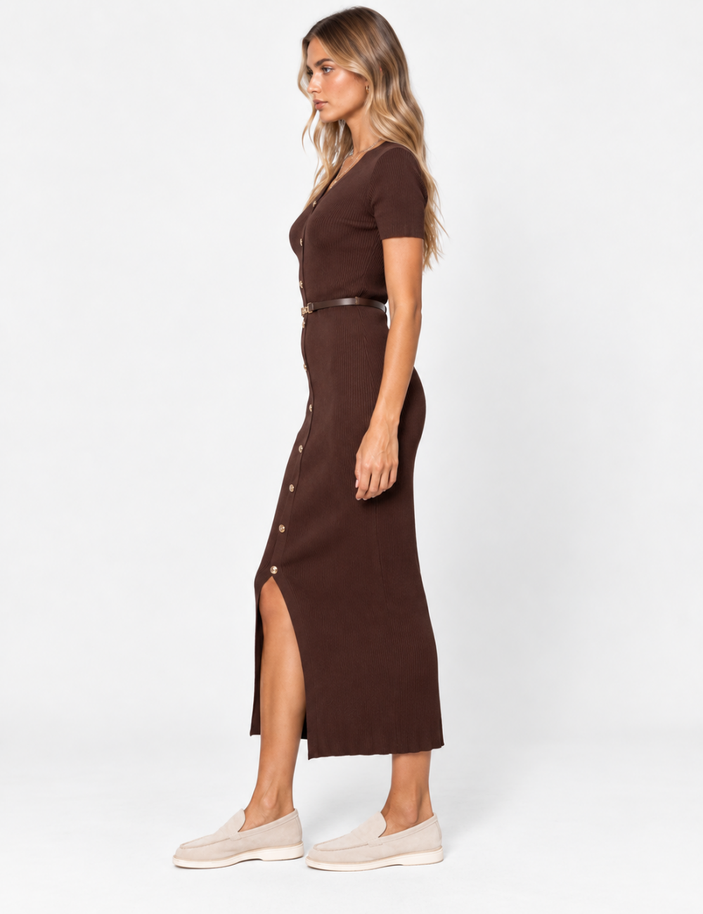Ladies V-Neck Button Front Ribbed Knit Bodycon Midi Dress