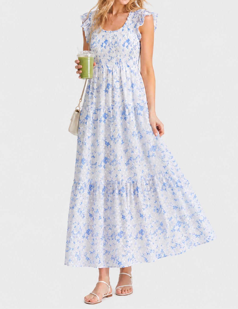 Ladies Floral Print Ruffle Sleeves Tiered Hem Smocked Maxi Dress