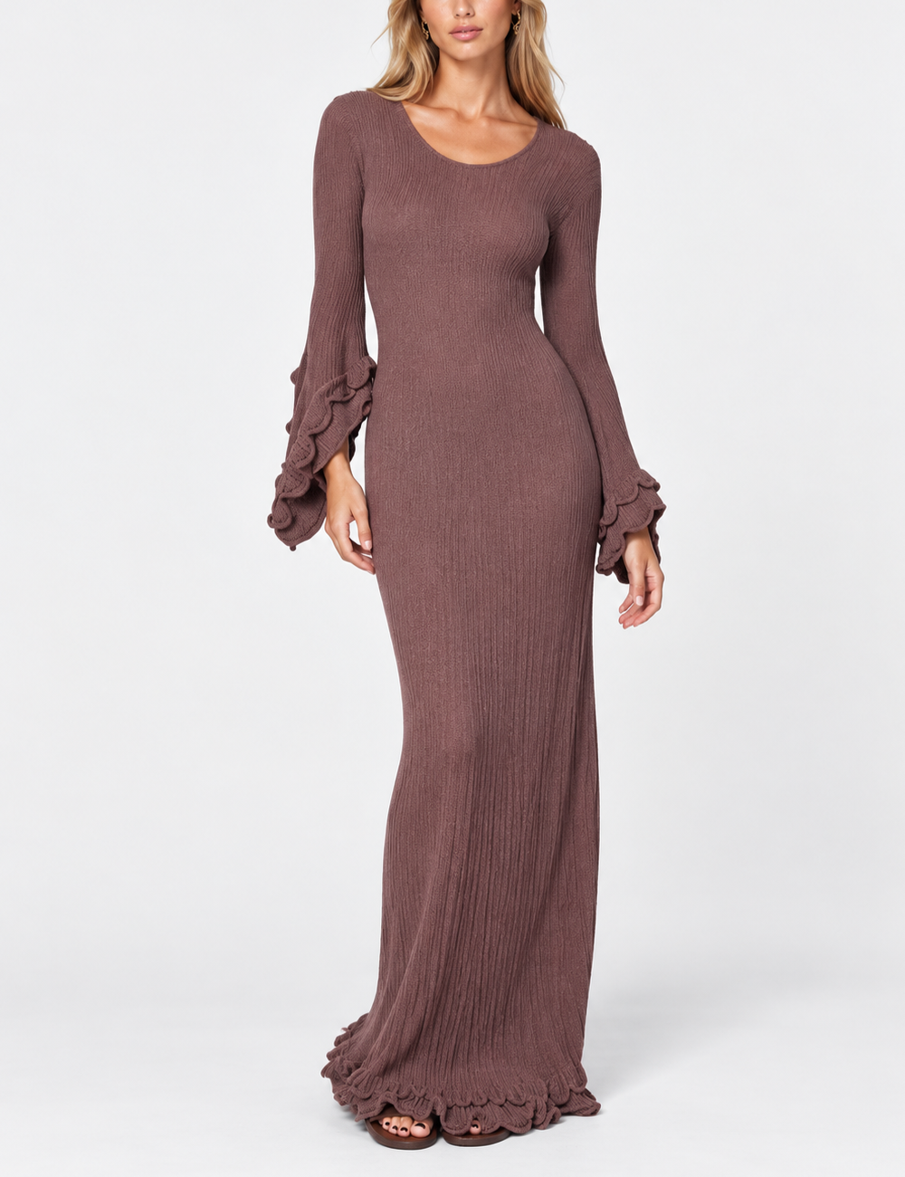 Ladies Round Neck Ruffle Flare Sleeves Ribbed Knit Maxi Dress