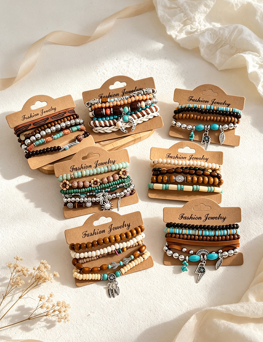 Ladies Beaded Charm Layered 5PCS Bracelet Set