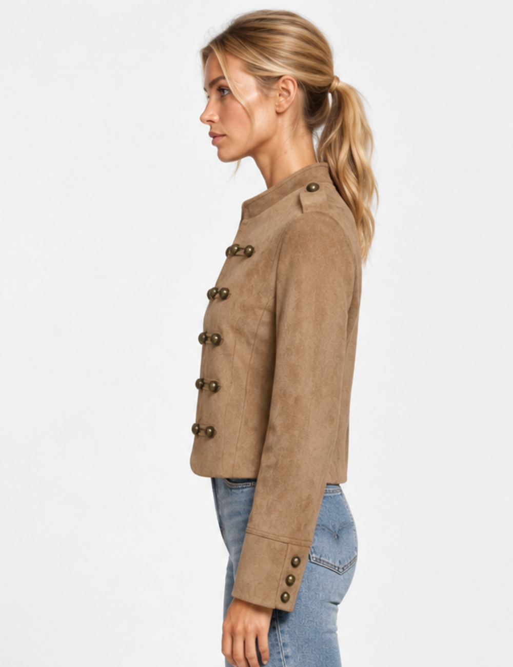 Ladies Faux Suede Stand Collar Frog Button Jacket
