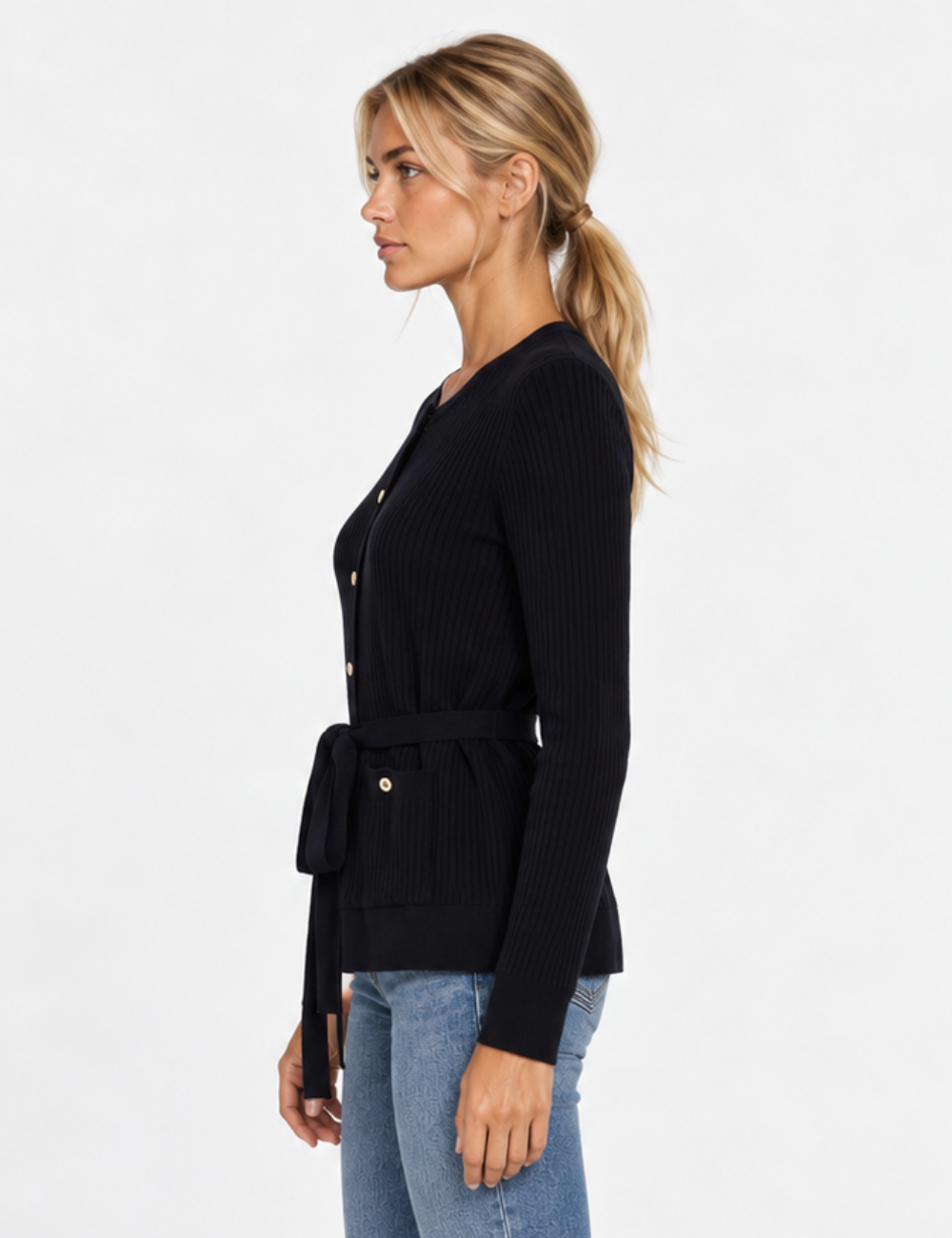 Ladies Ribbed Knit Button-Up Tie Waist Cardigan
