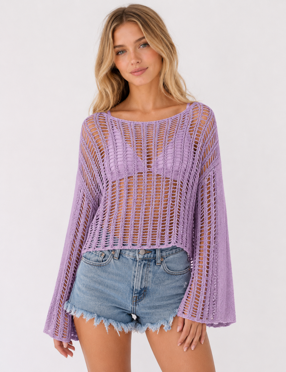 Ladies Long Sleeve Knit Mesh Hollow Out Cropped Cover Up
