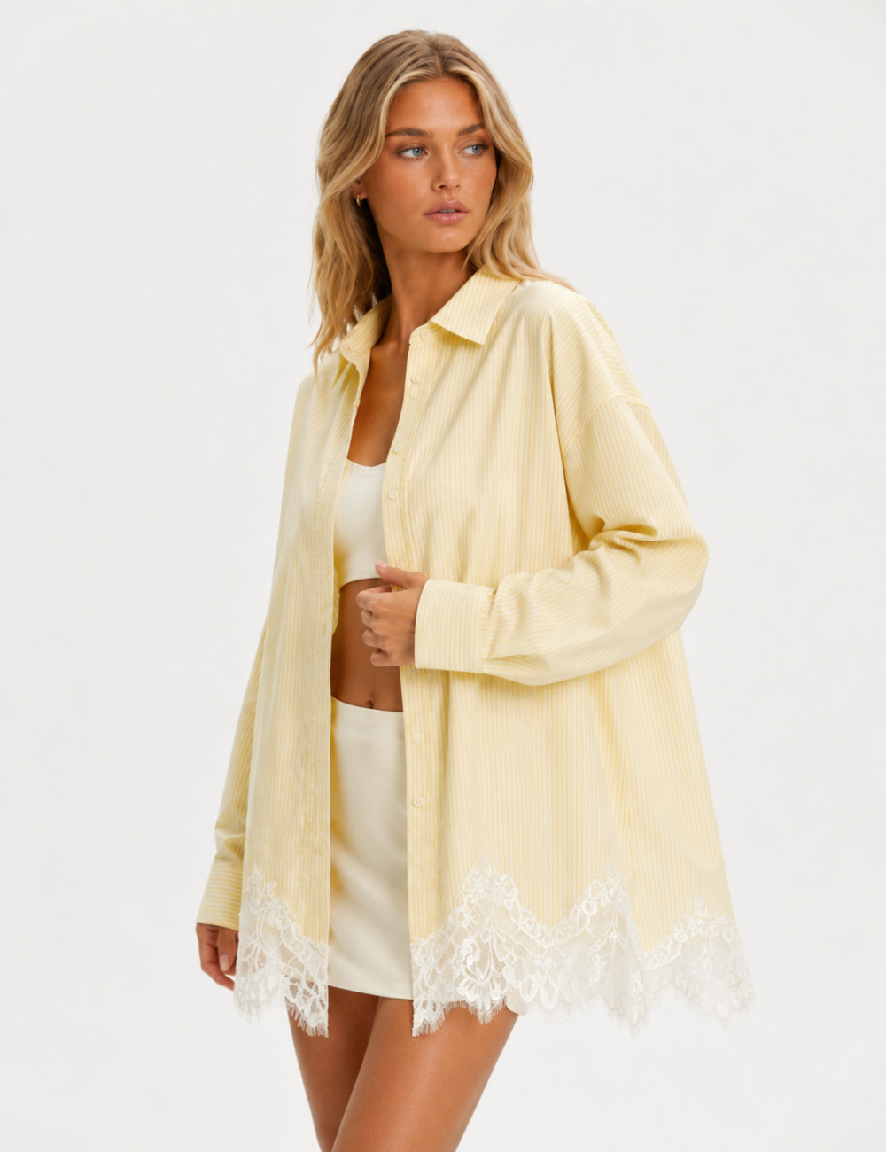 Ladies Striped Lace Hem Long Sleeves Button-Down Shirt